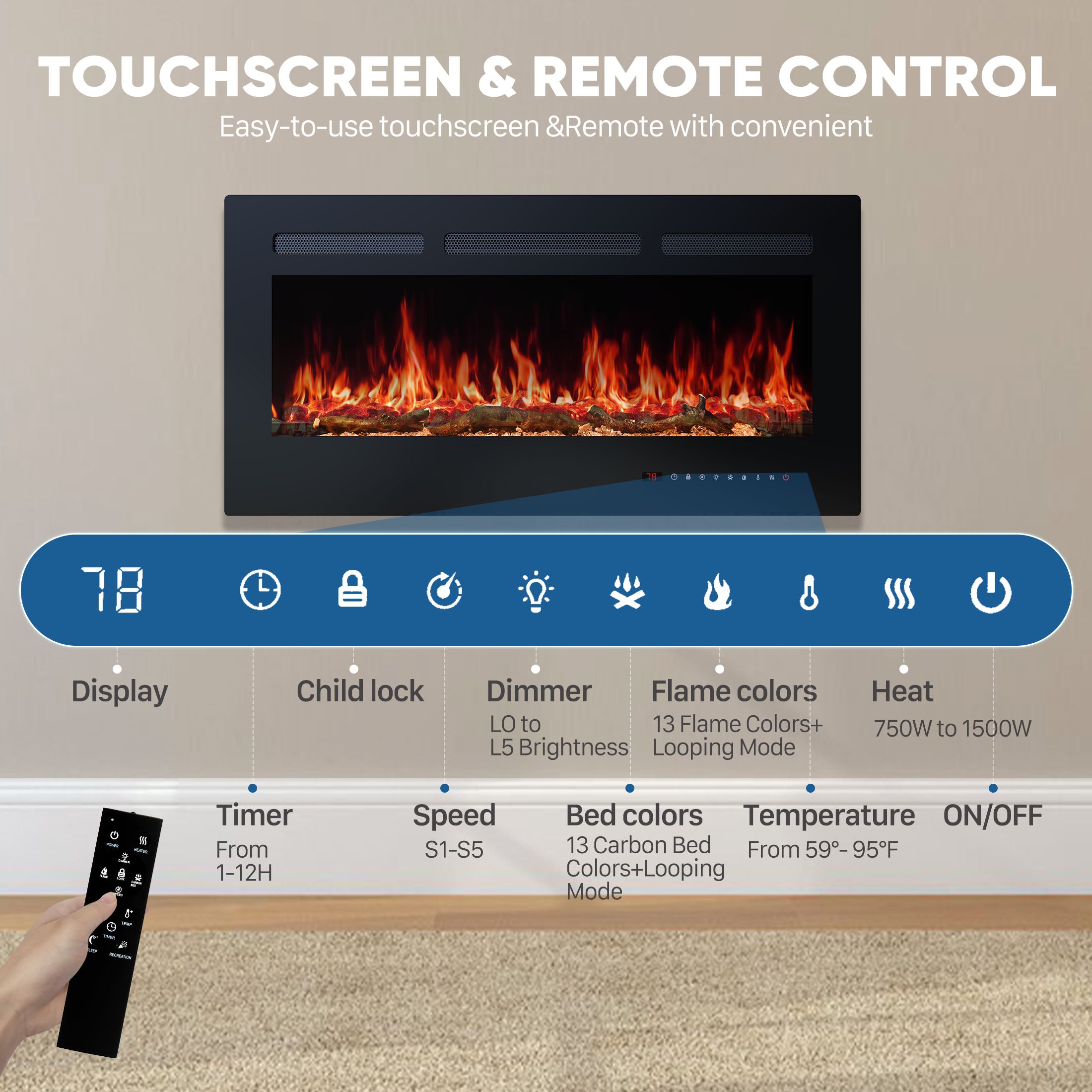 Electric Fireplace, 1500W/750W Wall Mount or Recessed Fireplace Insert and Freestanding, Electric Fireplace Heater with Remote Control,13 Adjustable Flame Color, 12H Timer, Touch Screen