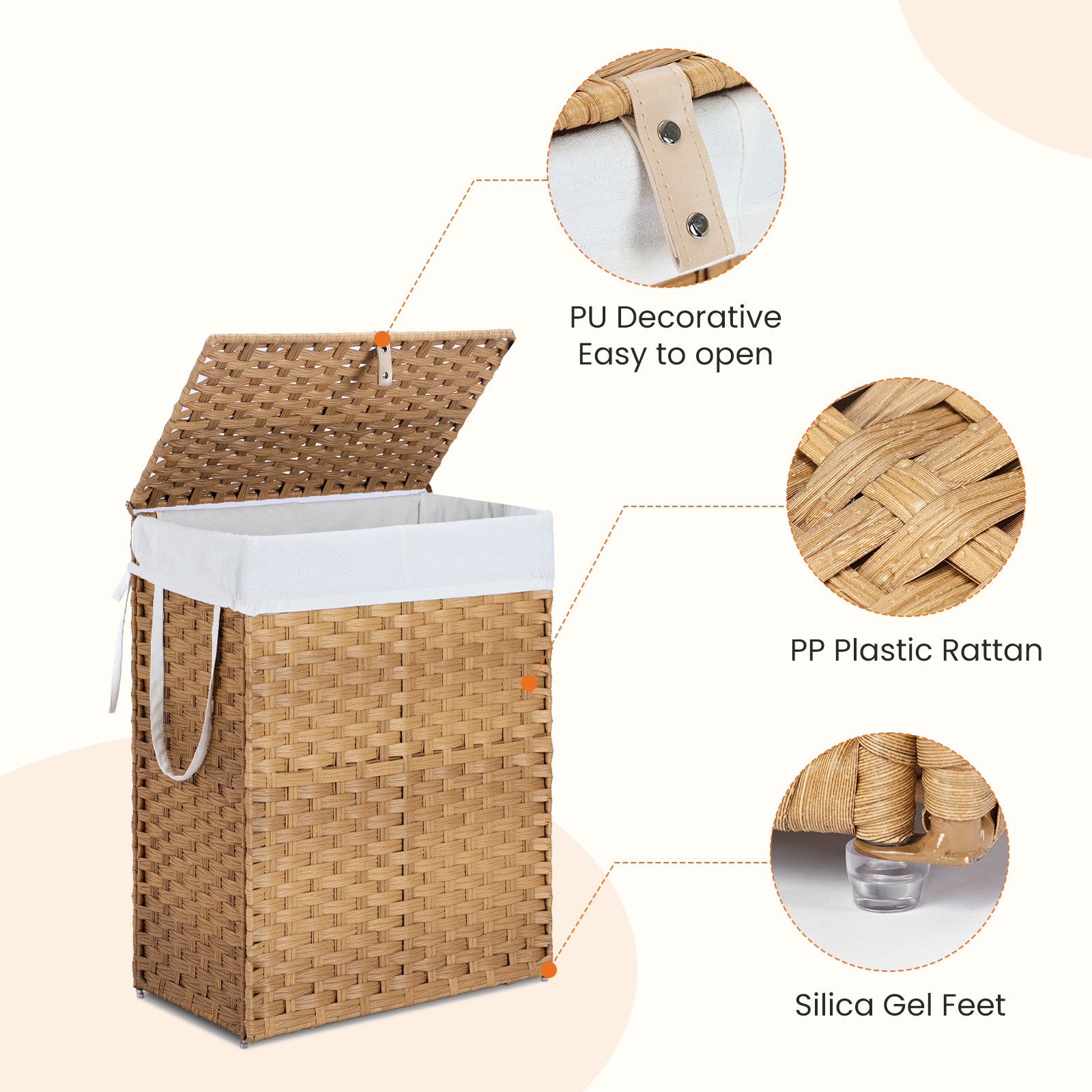 Laundry Hamper with Lid, Hand-Woven PP Rattan Laundry Hamper with Handle, Foldable, Removable Liner, Gray