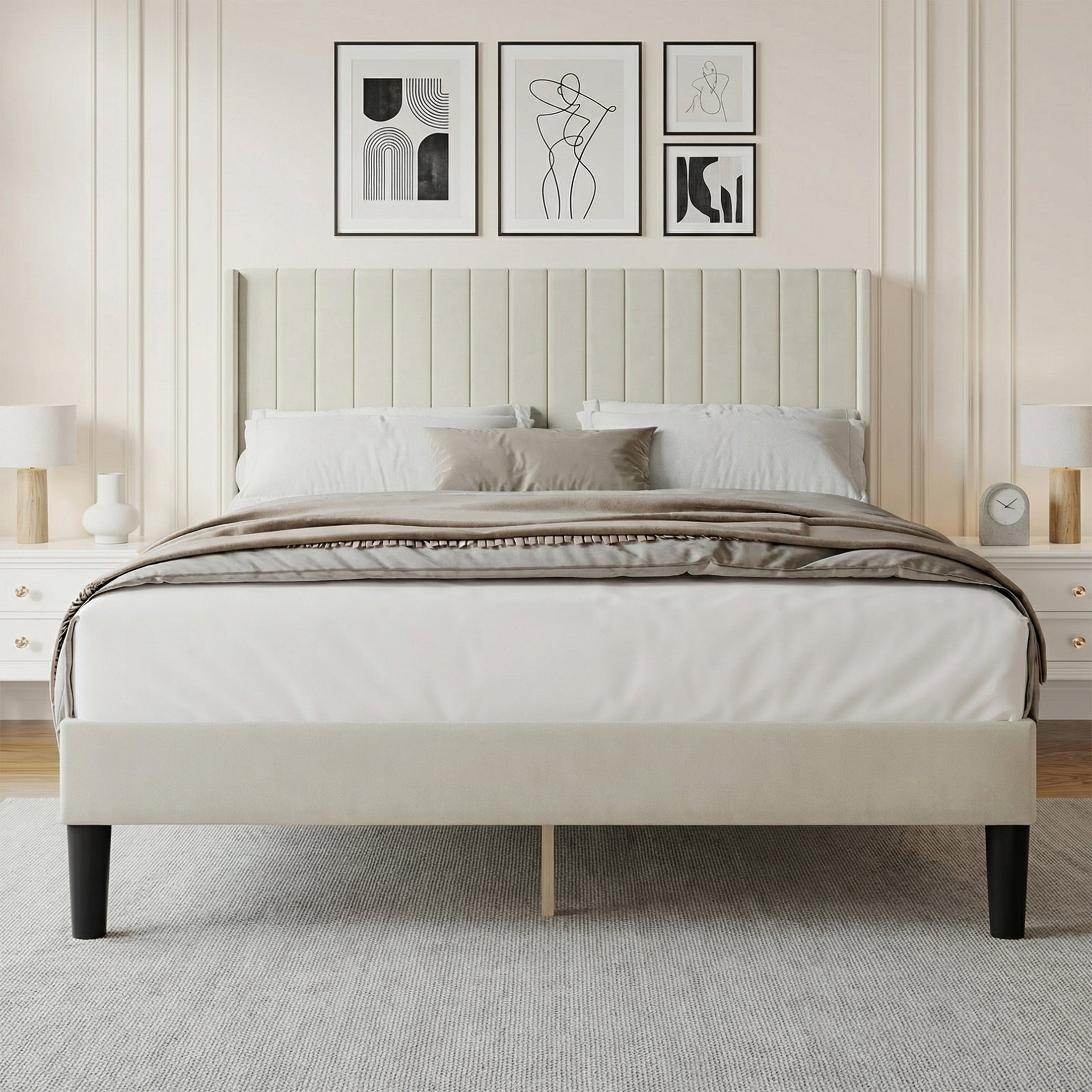 EDX Upholstered Platform Bed Frame with Padded Wingback Headboard, Modern Accent Bedroom Furniture