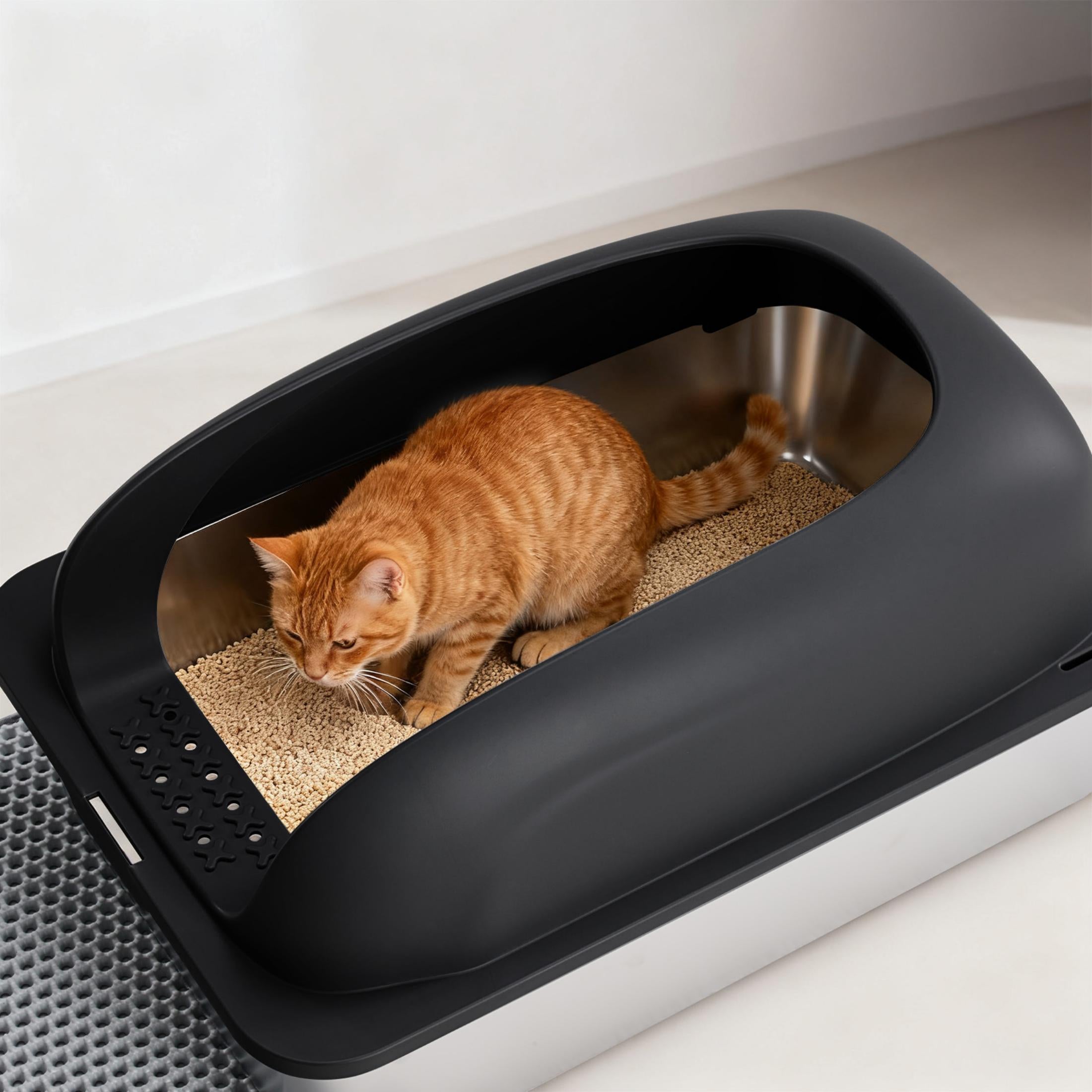 EDX Stainless Steel Cat Litter Box with Lid, XL Extra Large Cat Litter Box for Big Cats, High Wall Sides, Never Absorbs Odors, Anti-Urine Leakage, Easy Cleaning, Scoop and Mat Included,