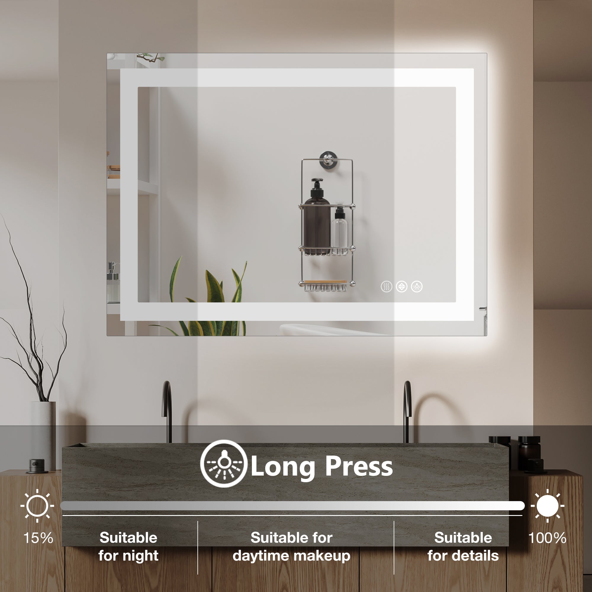 Rectangle LED Bathroom Mirror, Wall-Mounted Mirror with Adjustable Lights and Smart Memory Functionr, Enhanced Anti-Fog Feature