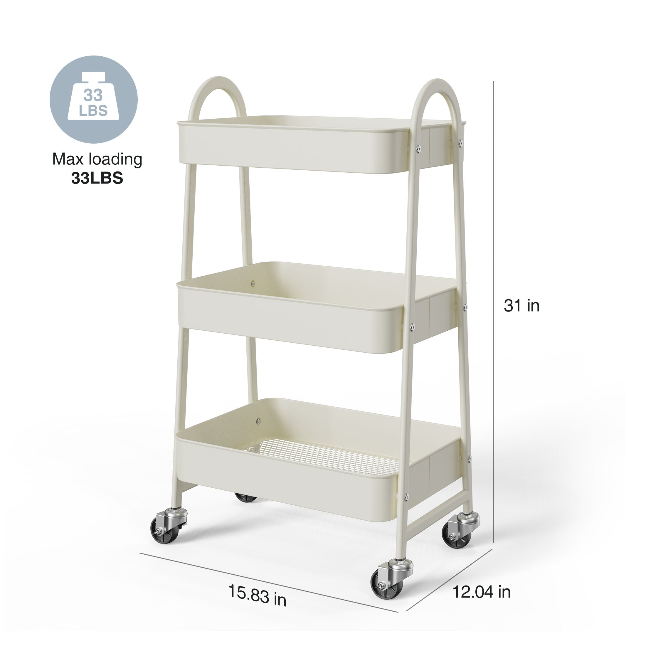 3 Tier Rolling Cart, Metal Utility Cart Storage Organizer with Lockable Casters, Multi-Functional Mesh Rolling Storage Cart for Kitchen Office