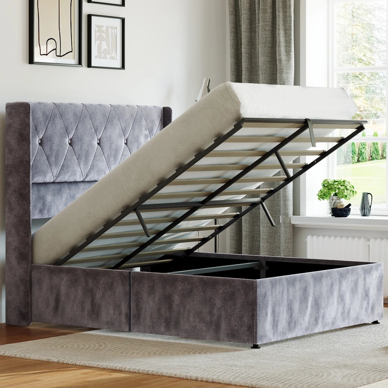 EDX Bed Frame, Lift Up Storage Bed with Modern Wingback Headboard & Hydraulic Support, No Box Spring Needed,Gray&Blue