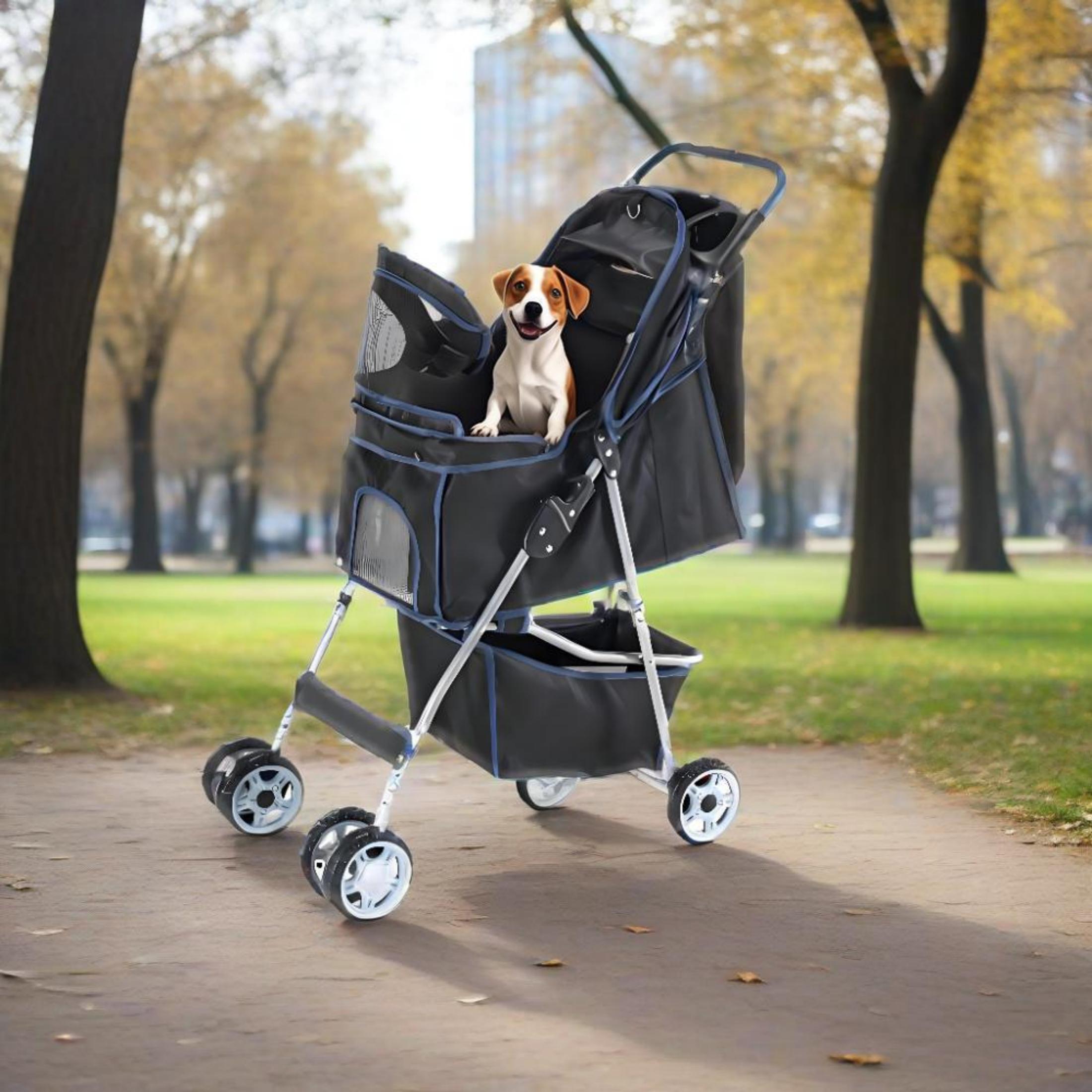 edx 4 Wheels Pet Stroller, Dog and Cat Strollers, With Storage Basket and Cup Holder, Lightweight Travel Carrier, Breathable Mesh, Waterproof and Foldable for Small Pets Outdoor Walk, Black