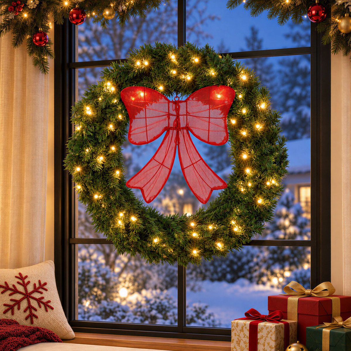 EDX Pre-Lit Christmas Wreath, Artificial Pine PVC Wreath with 130 Warm White LED Lights and Decorative Bow, Christmas Door Decor