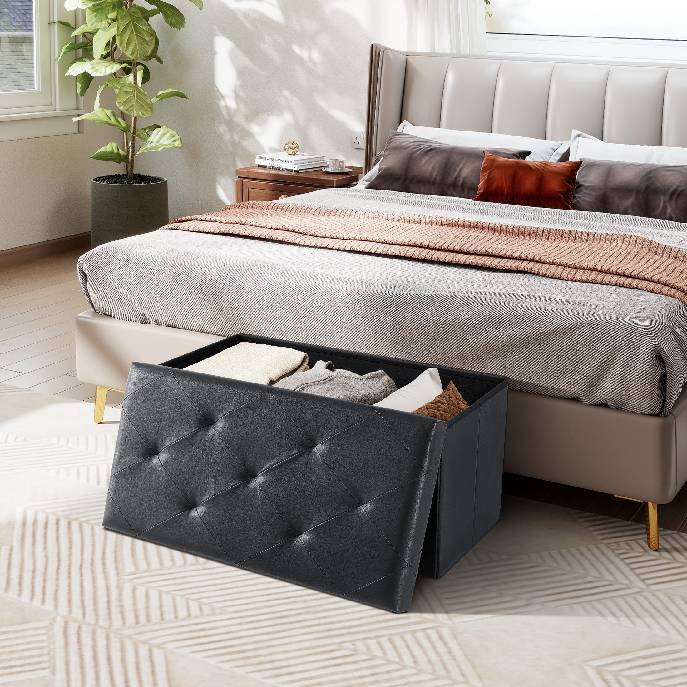 EDX PVC Ottoman Bench, Folable Storage Bench for Bedroom,Ottoman Foot Rest Bench for Livingroom, Entryway