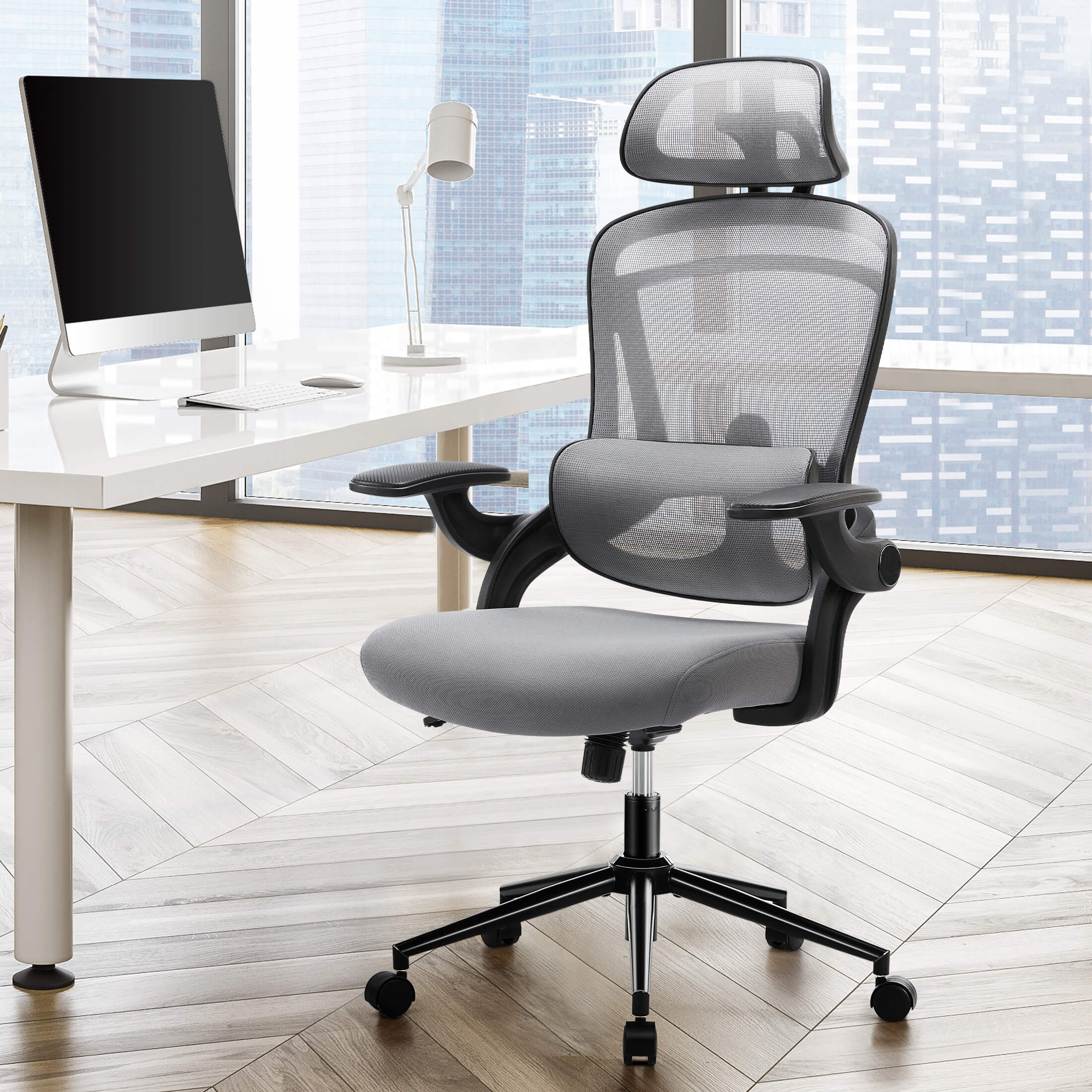 Ergonomic office chair-with adjustable lumbar support and headrest, soft flip-up armrests, height and 120° tilt adjustment