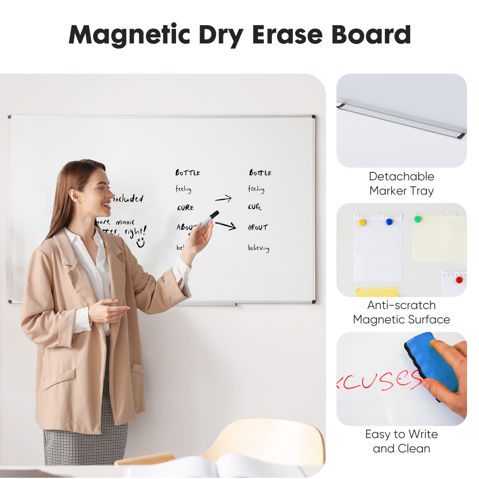 36 X 24 Inches Magnetic White Board, Dry Erase Board with Sliver Reinforced Aluminum Frame for Home Office School