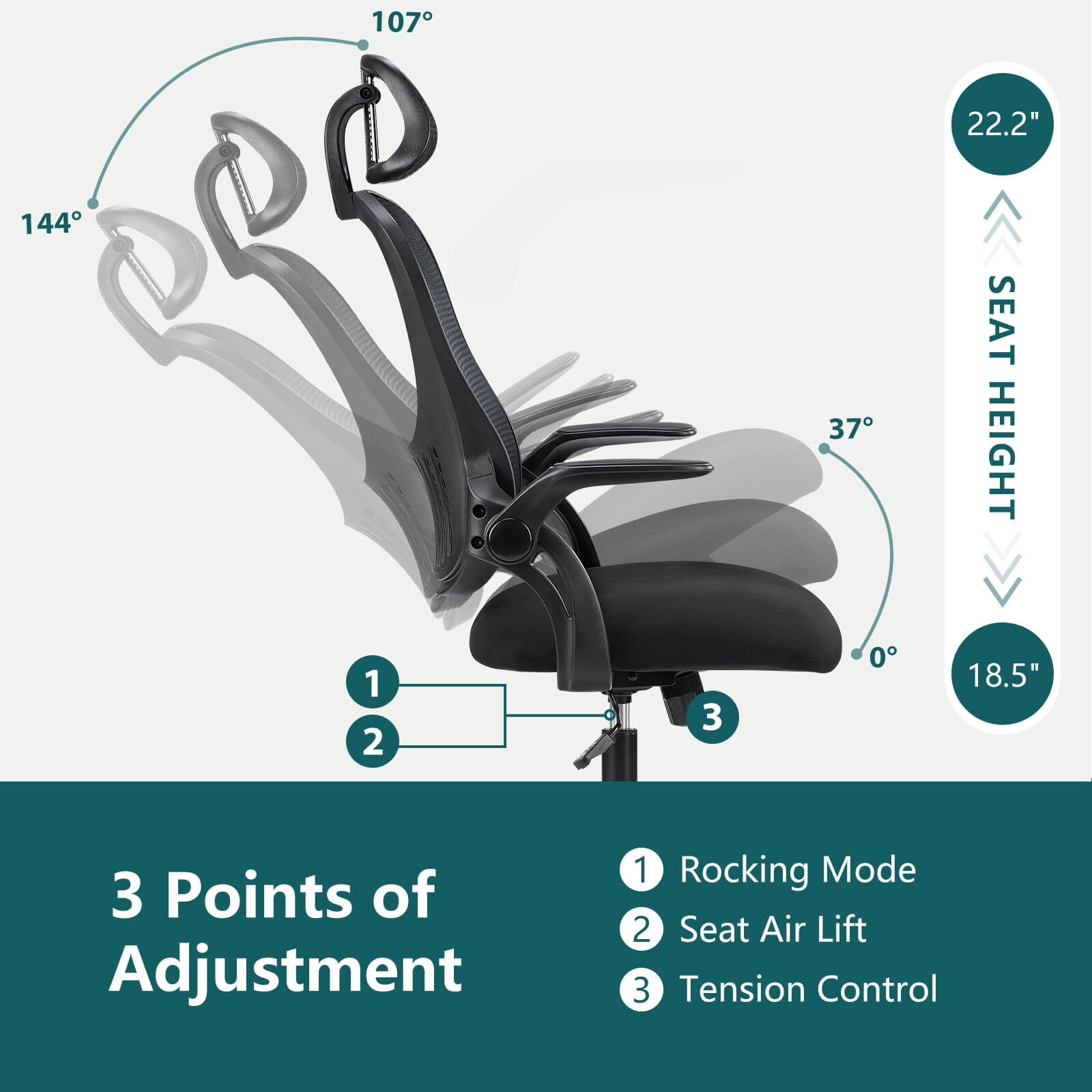 Ergonomic office chair - high back with wheels, adjustable headrest and flip-up armrests for bedroom, study, living room, office