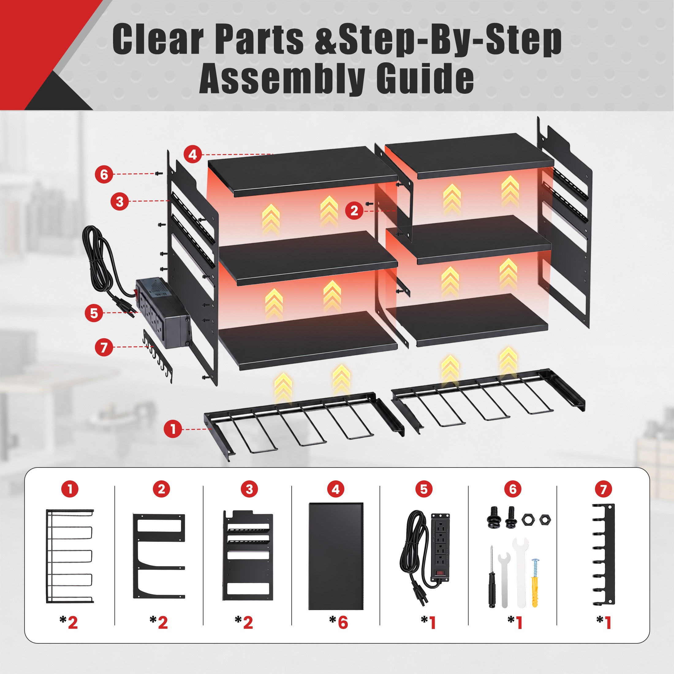 EDX Heavy Duty 4-Tier Power Tool Organizer Wall Mount, Garage Storage Rack with 8 Built-in Drill Holders and 4 AC Outlets, Ideal for Workshop, Tool Room, and Home Garage, 600 LBS Capacity