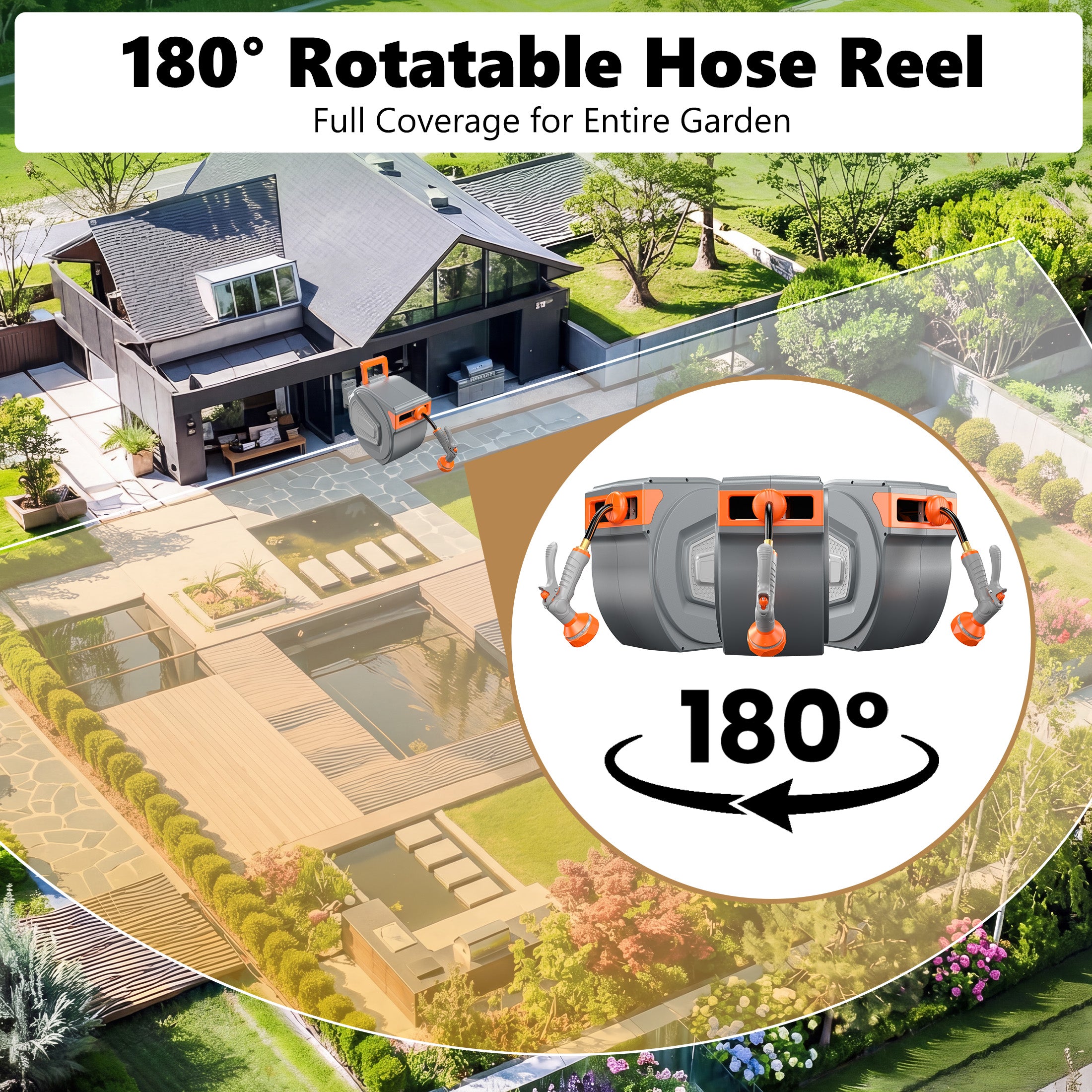 EDX Garden Hose Reel, 1/2 inch Wall-Mounted Hose Storage with Crank Handle for Yard and Garden, Gray