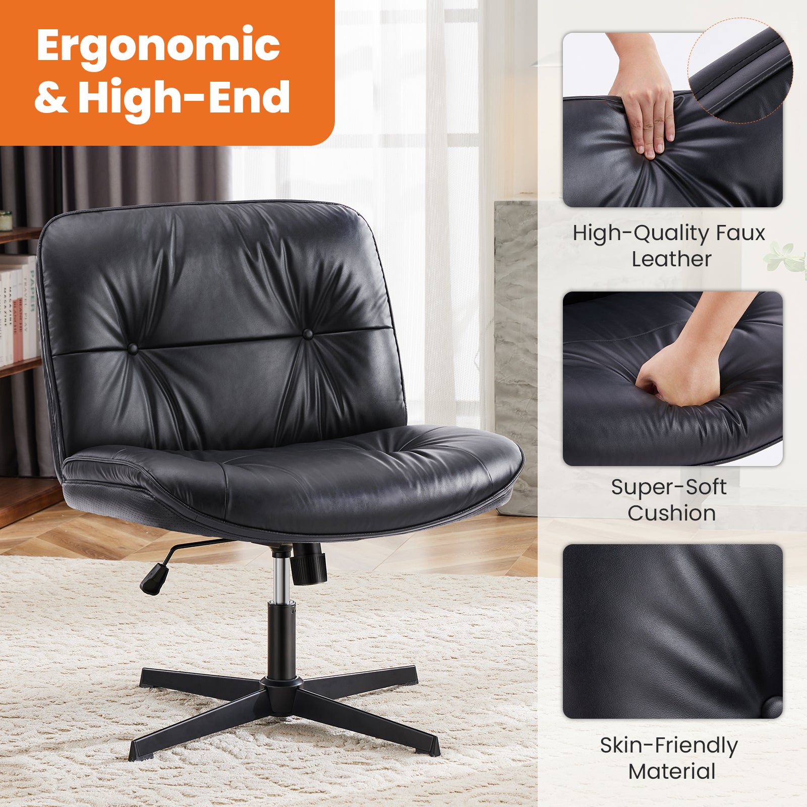 EDX Armless Office Chair without Wheels, Wide Ergonomic Artificial Leather Swivel Chair with Height Adjustable, Comfortable Computer Accent Chair for Living or Bed Room