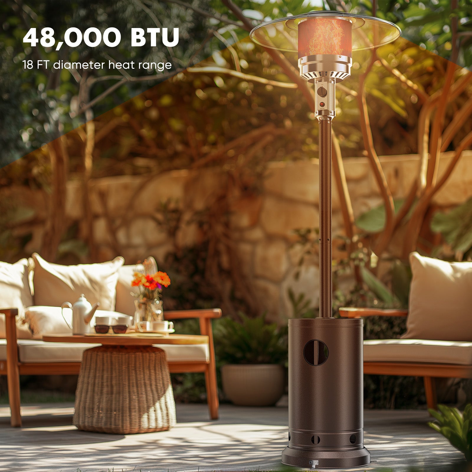 EDX 48,000 BTU Propane Patio Heater, Comes with Double Heating Grid, Portable Design for Home, Commercial, Brown