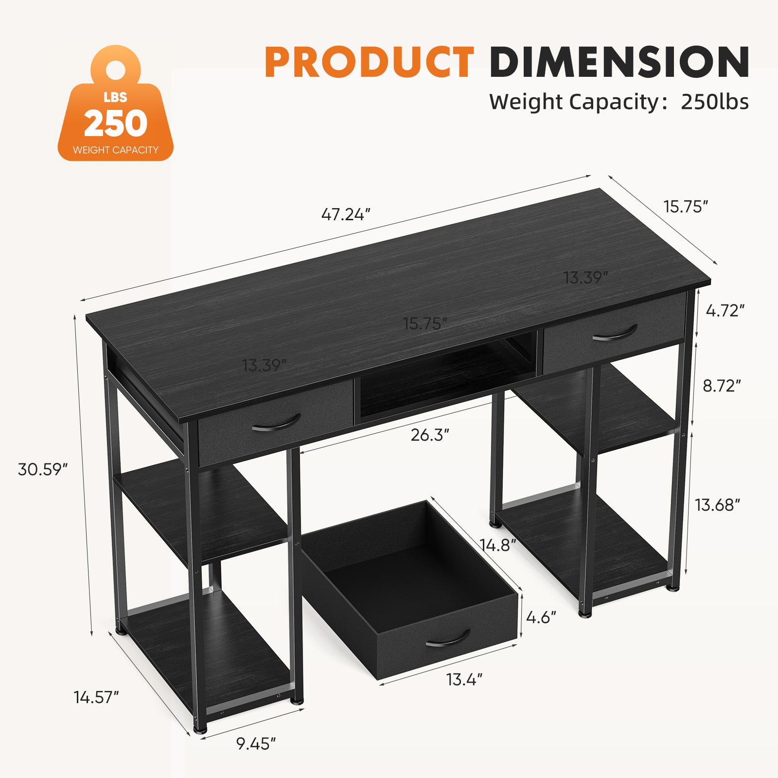 Small Desk Fabric Drawers & Storage Shelves, Home Office Computer Desk, Writing Desk Small Space Desk Study Table for Home, Bedroom, 48 Inch, Balck