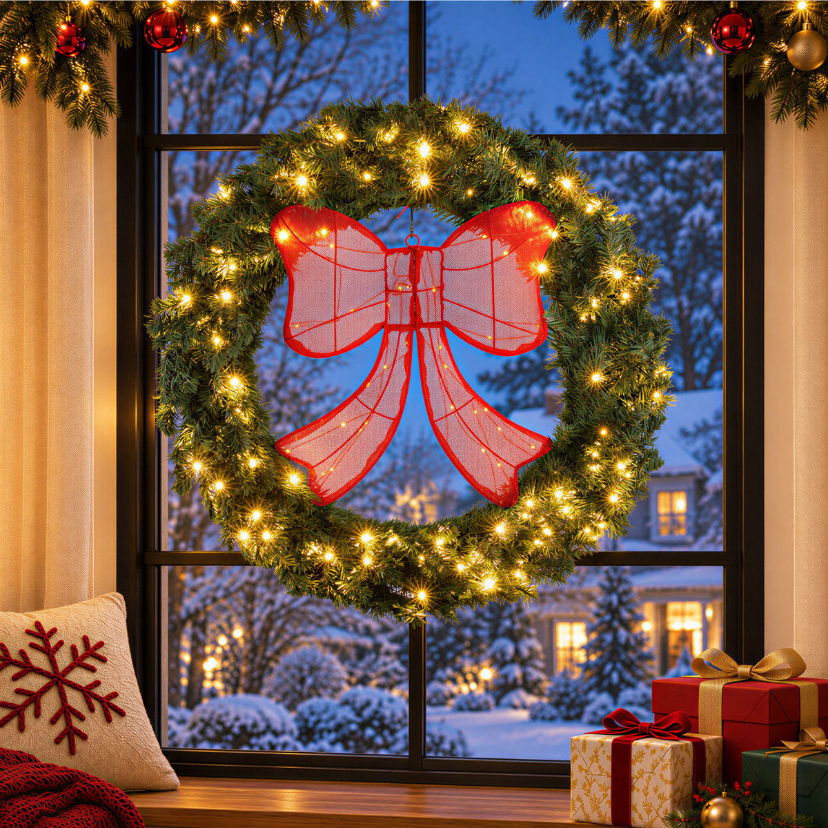 EDX Pre-Lit Christmas Wreath, Artificial Pine PVC Wreath with 130 Warm White LED Lights and Decorative Bow, Christmas Door Decor
