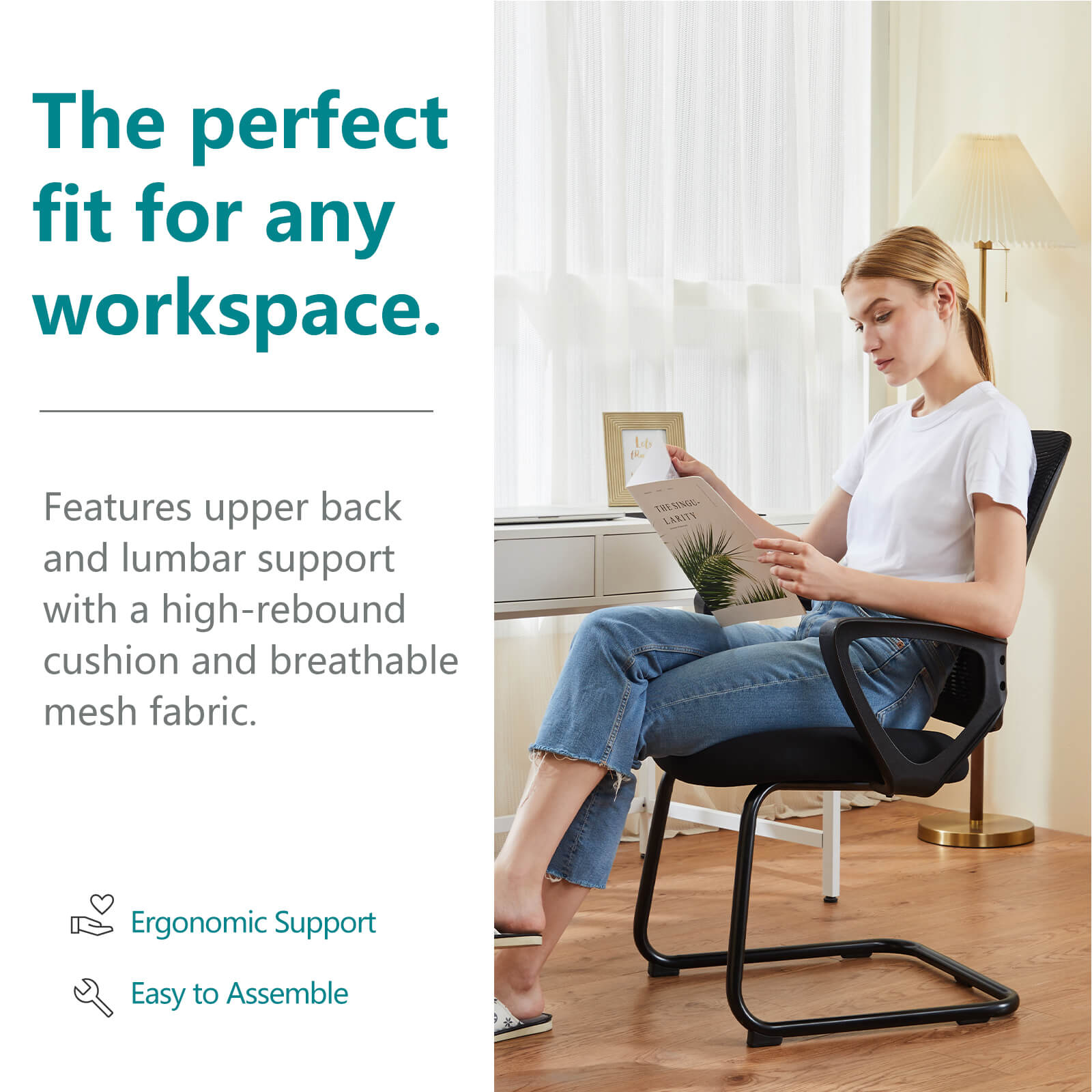 Ergonomic office chair - with storage basket, no wheels, breathable back, suitable for office, bedroom, living room.