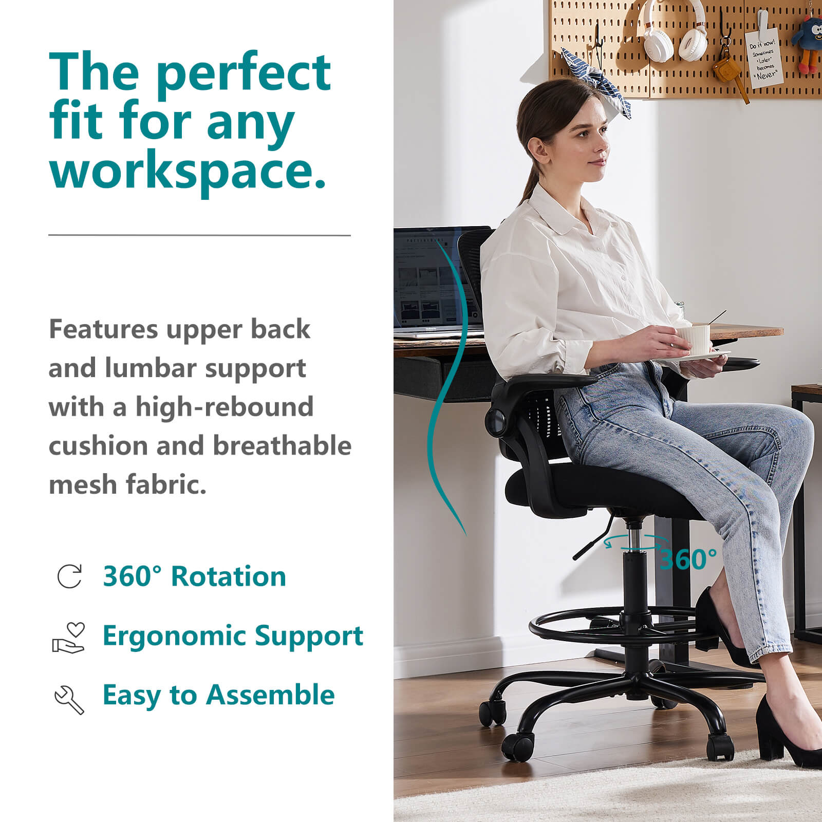 Office Computer Desk Chair, Ergonomic Chair with Flip-up Armrests and Lumbar Support, Height Adjustable, Breathable Mesh Back