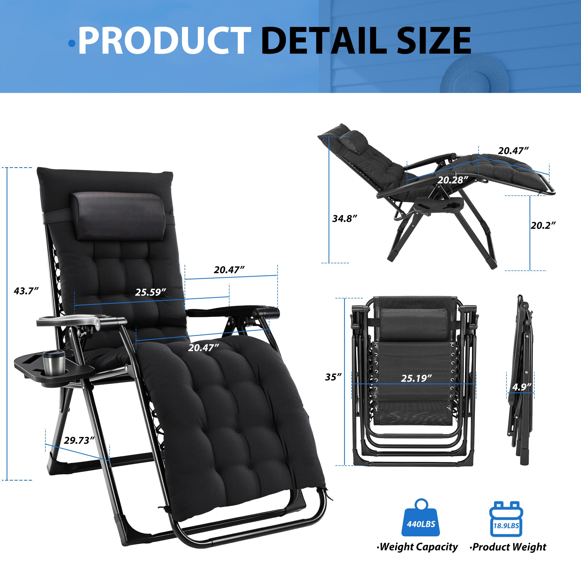 EDX Zero Gravity Chair, Reclining Camping Lounge Chair with Removable Cushion, Headrest and Cup Holder Trays, Folding Patio Recliner for Indoor&Outdoor Use, 440LBS Capacity