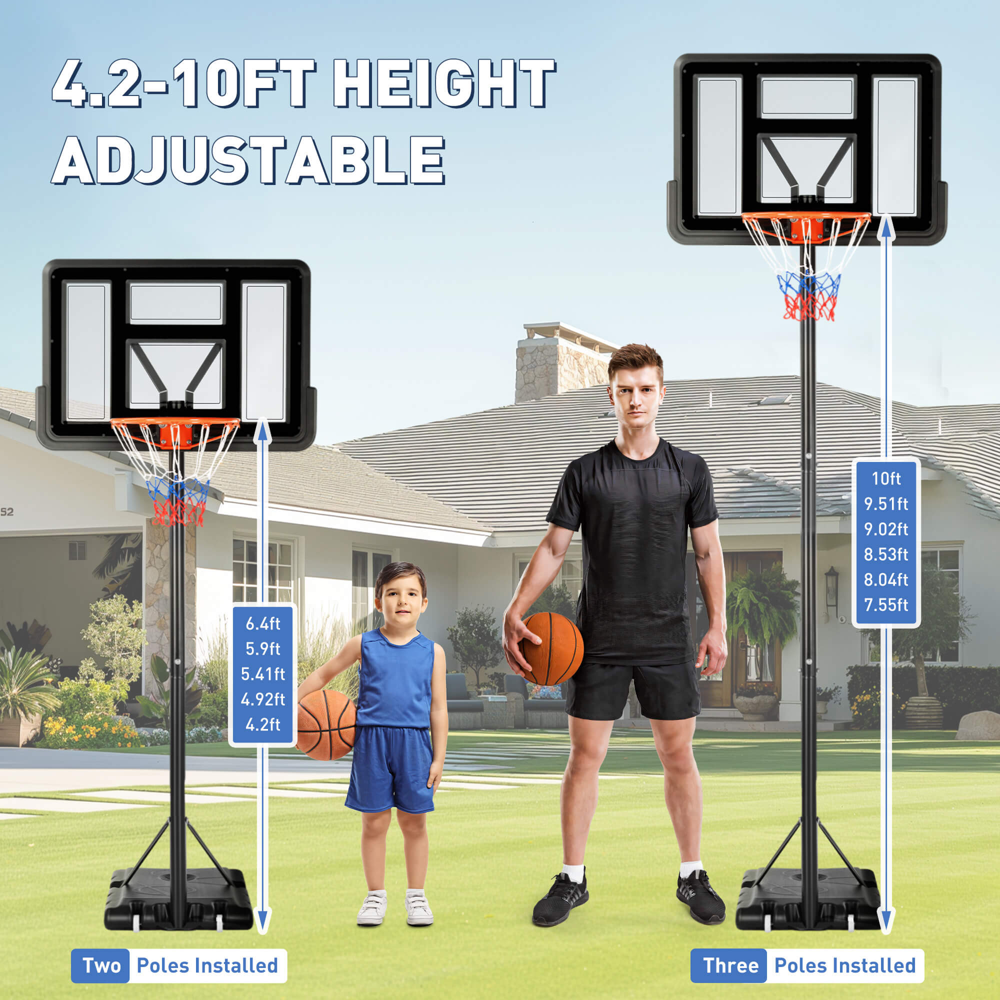 Portable Basketball Hoops - 4.2-10 ft Adjustable Height for Indoor, Outdoor, Swimming Pool, For Adults, Kids