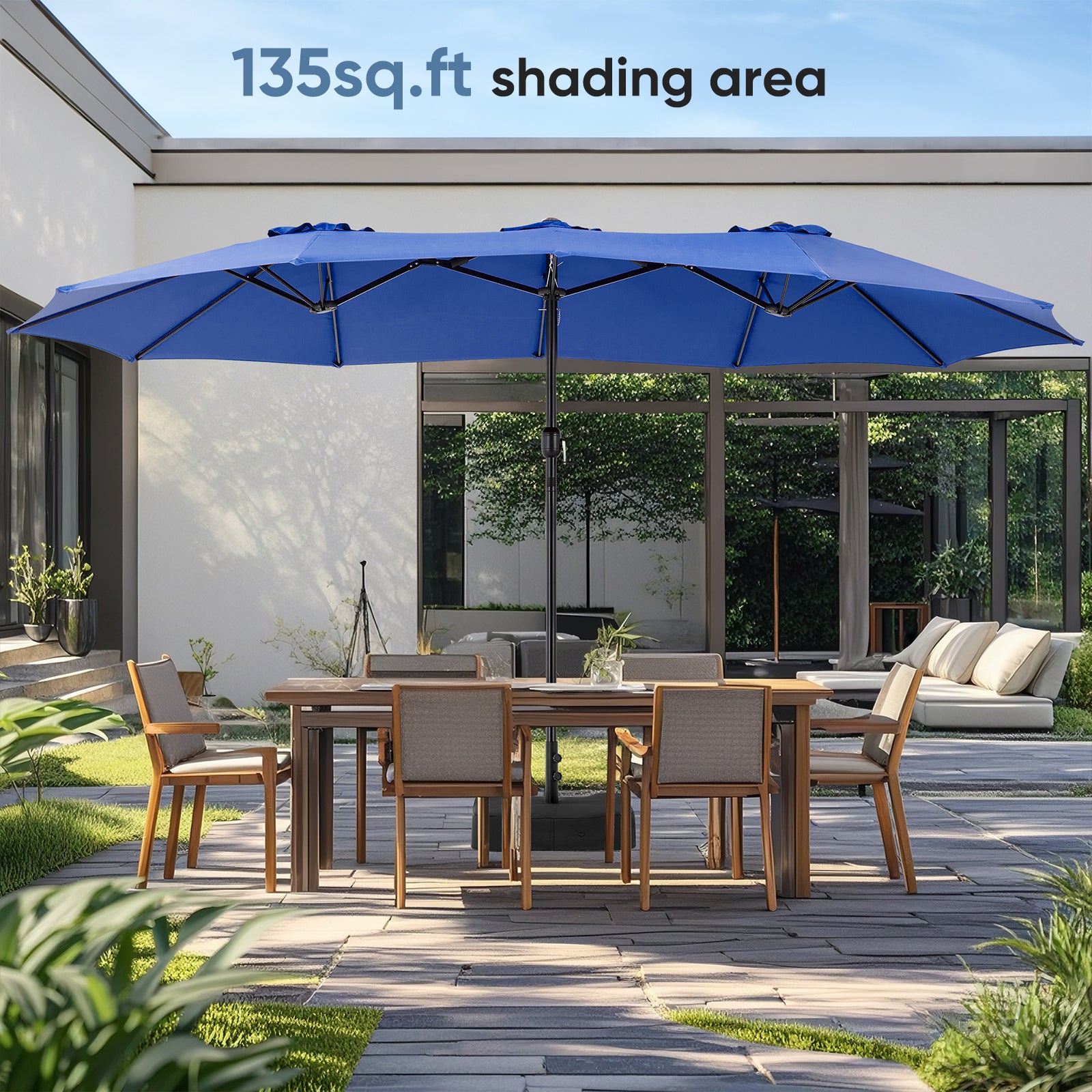 edx 15ft Large Patio Umbrellas (Base Included), Outdoor Double-Sided Rectangle Market Umbrella with Stand for Poolside, Lawn, and Backyard