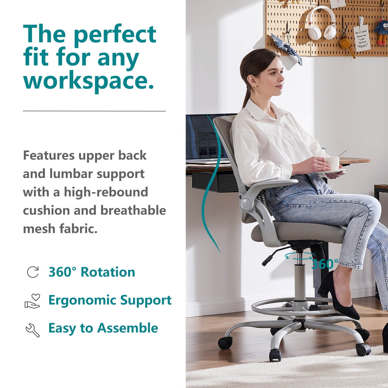 Office Computer Desk Chair, Ergonomic Chair with Flip-up Armrests and Lumbar Support, Height Adjustable, Breathable Mesh Back