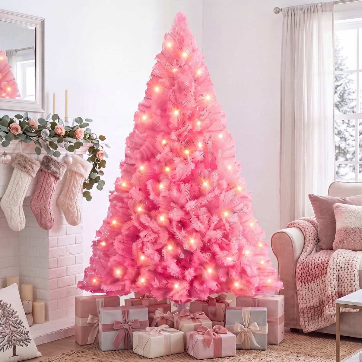 EDX Pre-lit White Pencil Christmas Tree,  Artificial Xmas Tree with Warm White LED Lights, Branch Tips & Foldable Base, for Home, Office, Party Decoration