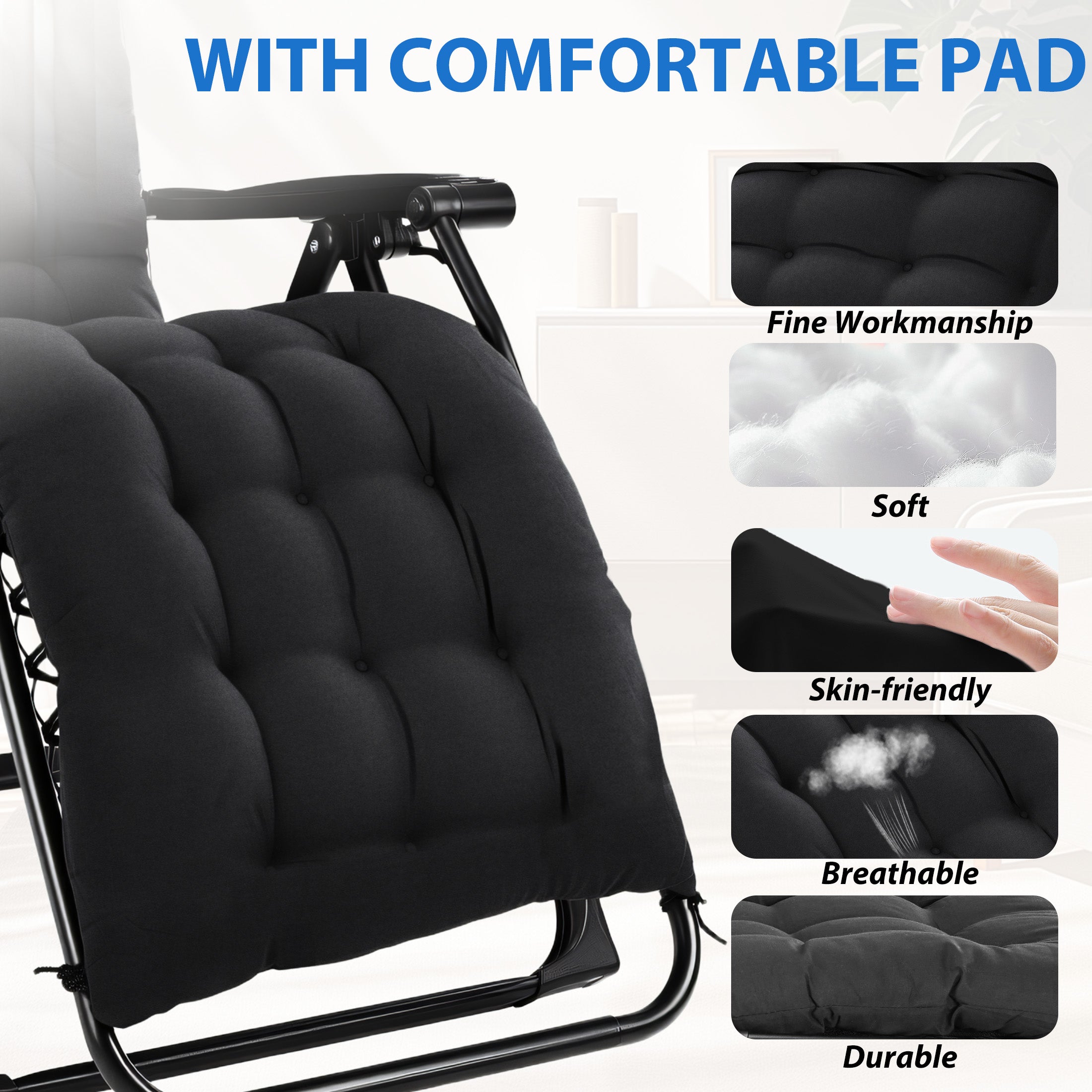 EDX Zero Gravity Chair, Reclining Camping Lounge Chair with Removable Cushion, Headrest and Cup Holder Trays, Folding Patio Recliner for Indoor&Outdoor Use, 440LBS Capacity