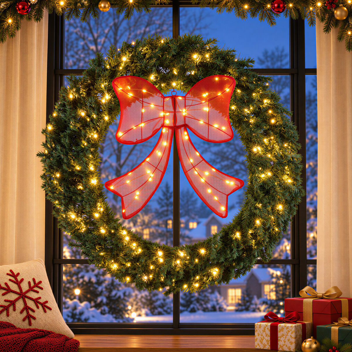 EDX Pre-Lit Christmas Wreath, Artificial Pine PVC Wreath with 130 Warm White LED Lights and Decorative Bow, Christmas Door Decor