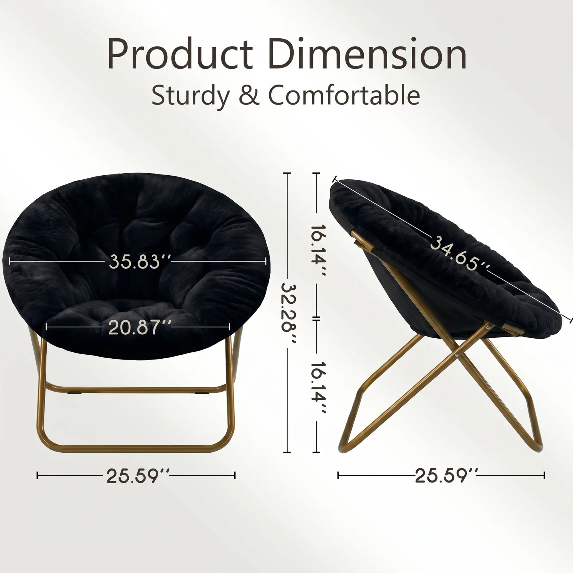 Faux Fur Folding Saucer Chair, Foldable Accent Chair for Adults, Soft Plush Seat, Lightweight & Comfortable, Black