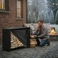 EDX Black Firewood Rack with Waterproof Cover, Steel Log Holder for Indoor and Outdoor Use, Black