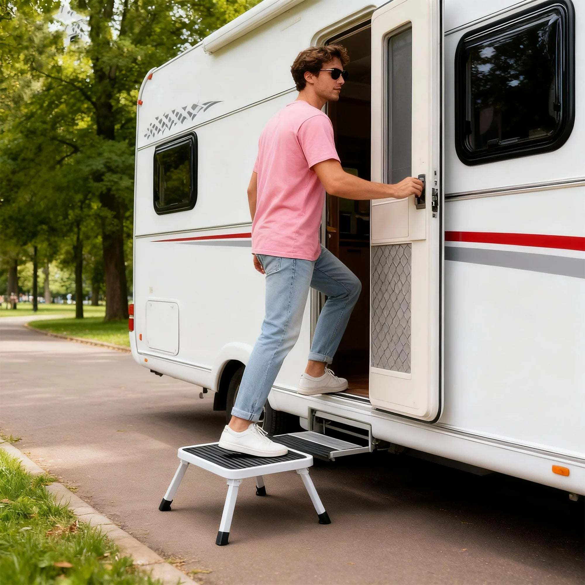 edx Foldable Step Stool with Non-Slip Platform & Carrying Handle, 1-Step Ladder with Rubber Feet, 330Lbs Capacity Sturdy Metal Foldable Stool, For RV, Truck, Home Kitchen, Indoor & Outdoor Use