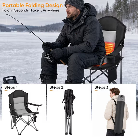 EDX Oversized Heated Camping Chair,3 Heat Levels Dual Zone Heating,Heavy Duty Steel Frame Waterproof Portable Folding Outdoor Chair with Cup Holder and Side Storage Pockets