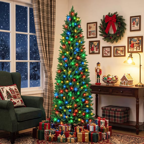 edx Pre-lit Snow Flocked Pencil Christmas Tree, Prelighted Artificial Slim Christmas Trees, With LED Lights,  Branch Tips & Foldable Base, For Home, Office, Party Decoration