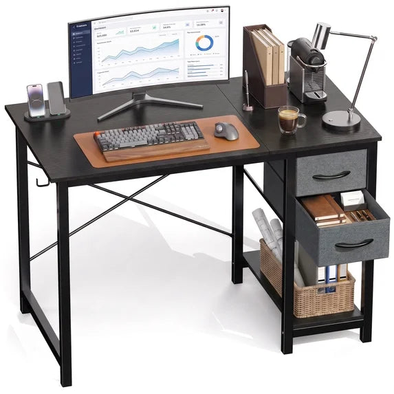 EDX Computer Desk with 2 Drawers PC Table Study Writing Desk with Storage Shelf Headphone Hook, Simple Style Small Desk for Home