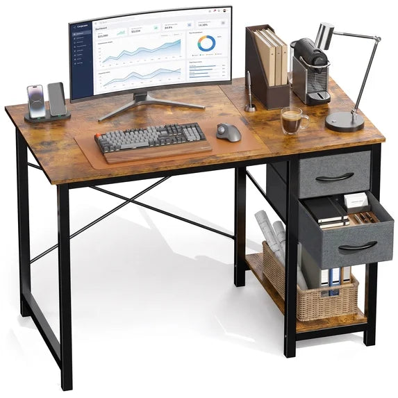 EDX Computer Desk with 2 Drawers PC Table Study Writing Desk with Storage Shelf Headphone Hook, Simple Style Small Desk for Home