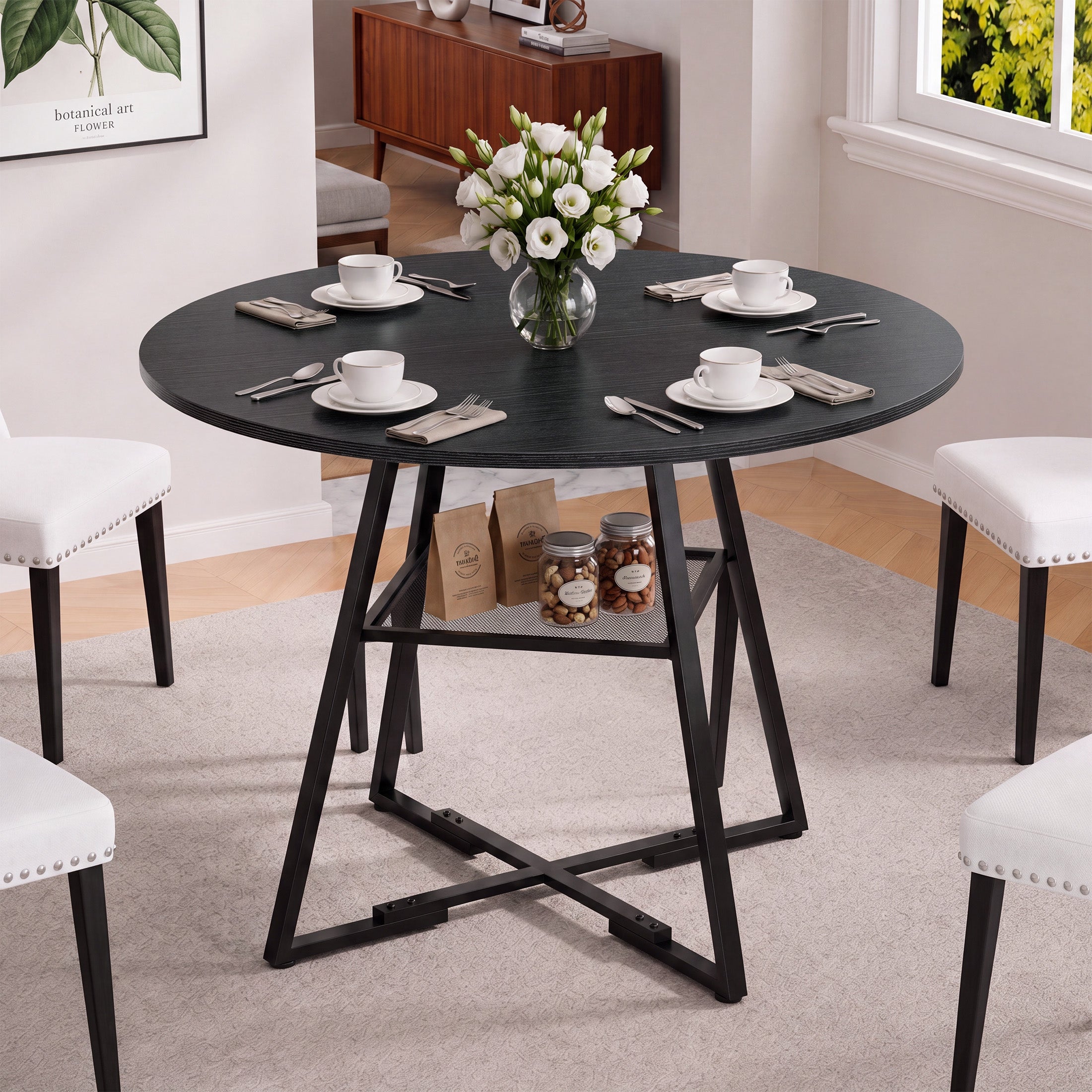 Round Dining Table for 4-6,&nbsp;Circle Kitchen Table with&nbsp;Pedestal Metal Frame Storage, Space Saving Farmhouse Wood Kitchen Table, for Kitchen, Living Room