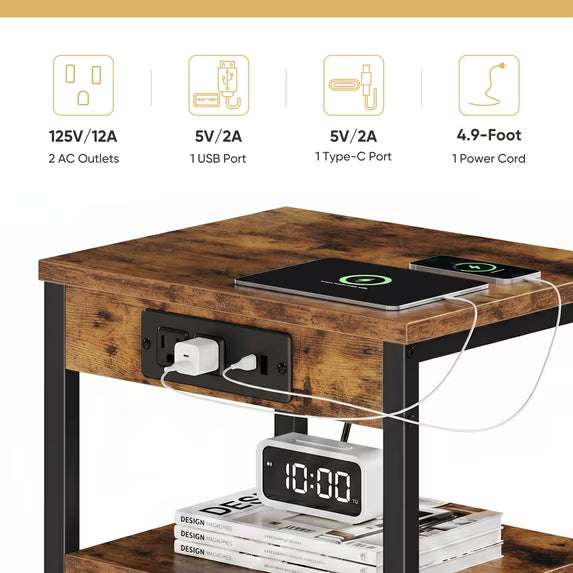 edx 3-Tier Nightstand with Charging Station, Adjustable Height Bedside Table with Storage Shelf, for Bedroom & Living Room, Easy Assembly, 55 LBS Capacity, Rustic Wood