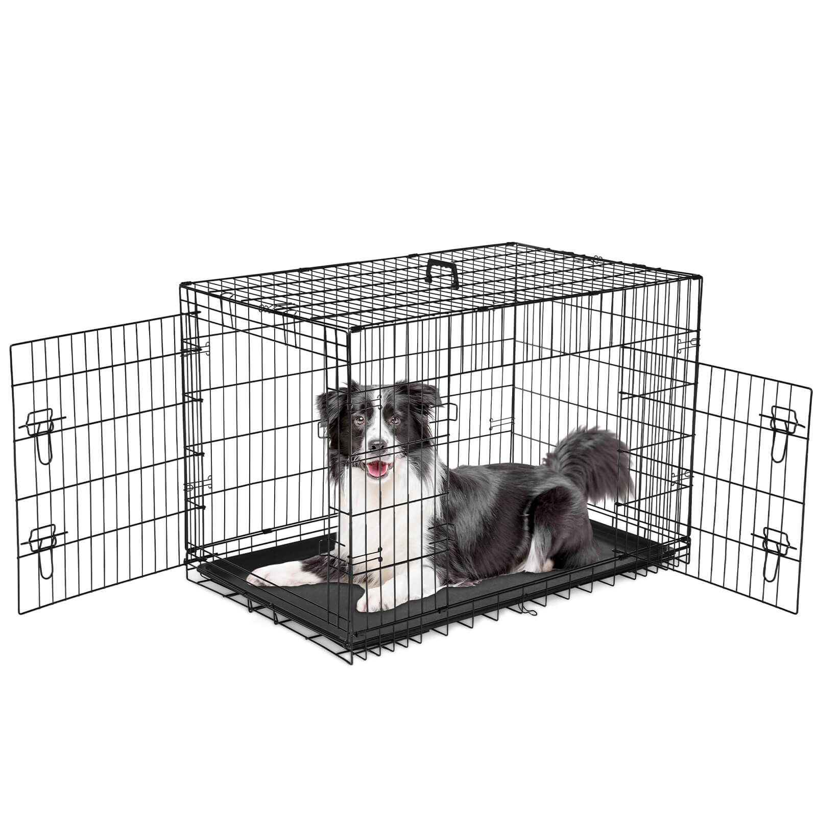 Mayoume Dog Crate-24/30/36/42/48 inch, Double Door Dog Cage with Divider Panel and Plastic Leak-Proof Pan Tray, foldable, easy to carry, suitable for indoor, outdoor, travel use