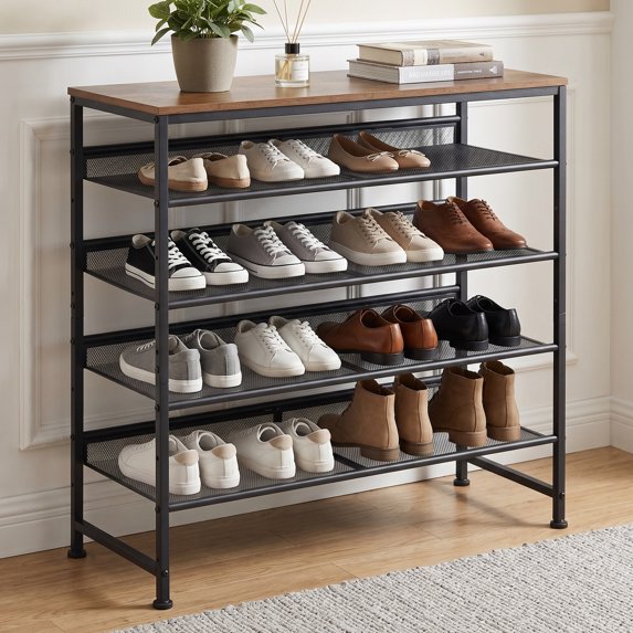 edx 5-Tier Metal Shoe Rack Organizer for Entryway, 16-20 Pairs Shoe Storage Shelf, Black with Wooden Top