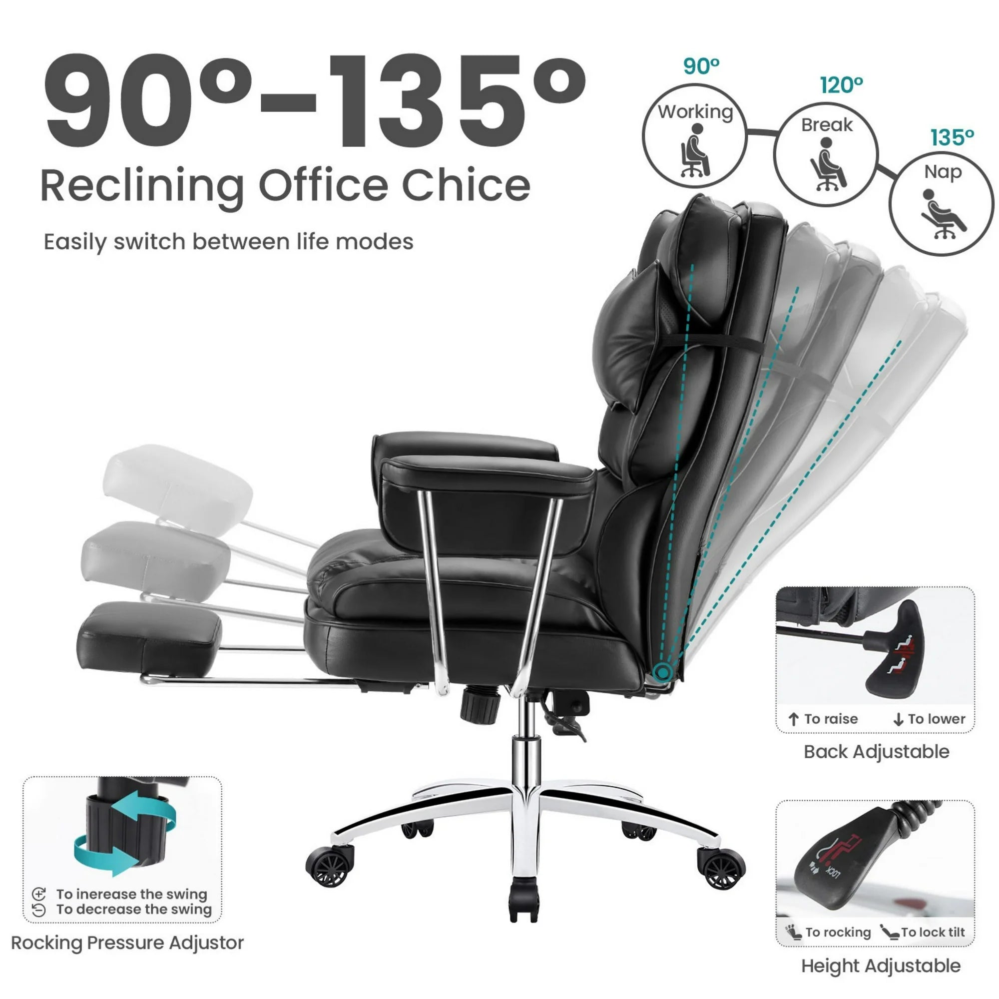 edx Executive Home Office Desk Chair, Ergonomic Big Tall High Back with Footrest & Lumbar Support, Reclining Comfy PU Leather Computer Gaming Chair with Swivel Wheels, Height Adjustable