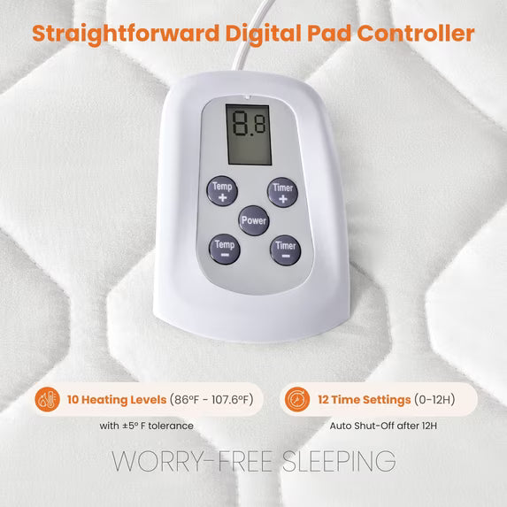 edx Heated Mattress Pad Twin Size 75"x39″ , 10 Heat Levels, Safe Auto Shut-off, Soft Quilted Fabric,White