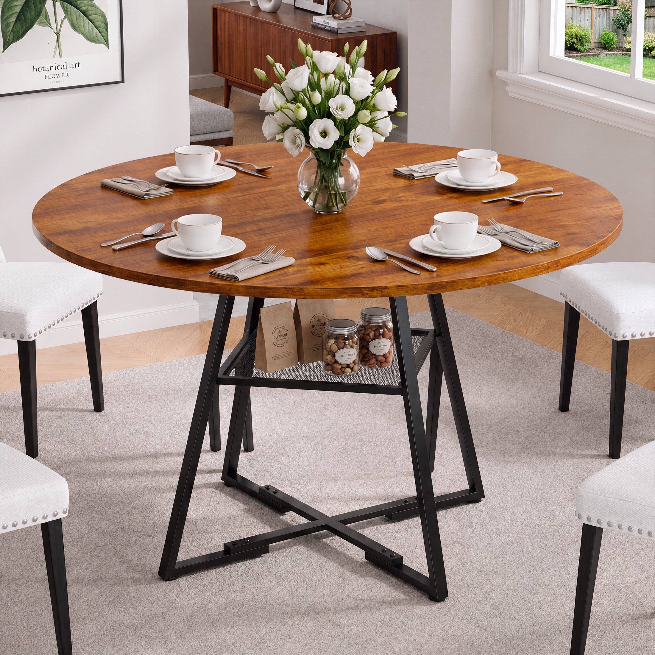 Round Dining Table for 4-6,&nbsp;Circle Kitchen Table with&nbsp;Pedestal Metal Frame Storage, Space Saving Farmhouse Wood Kitchen Table, for Kitchen, Living Room