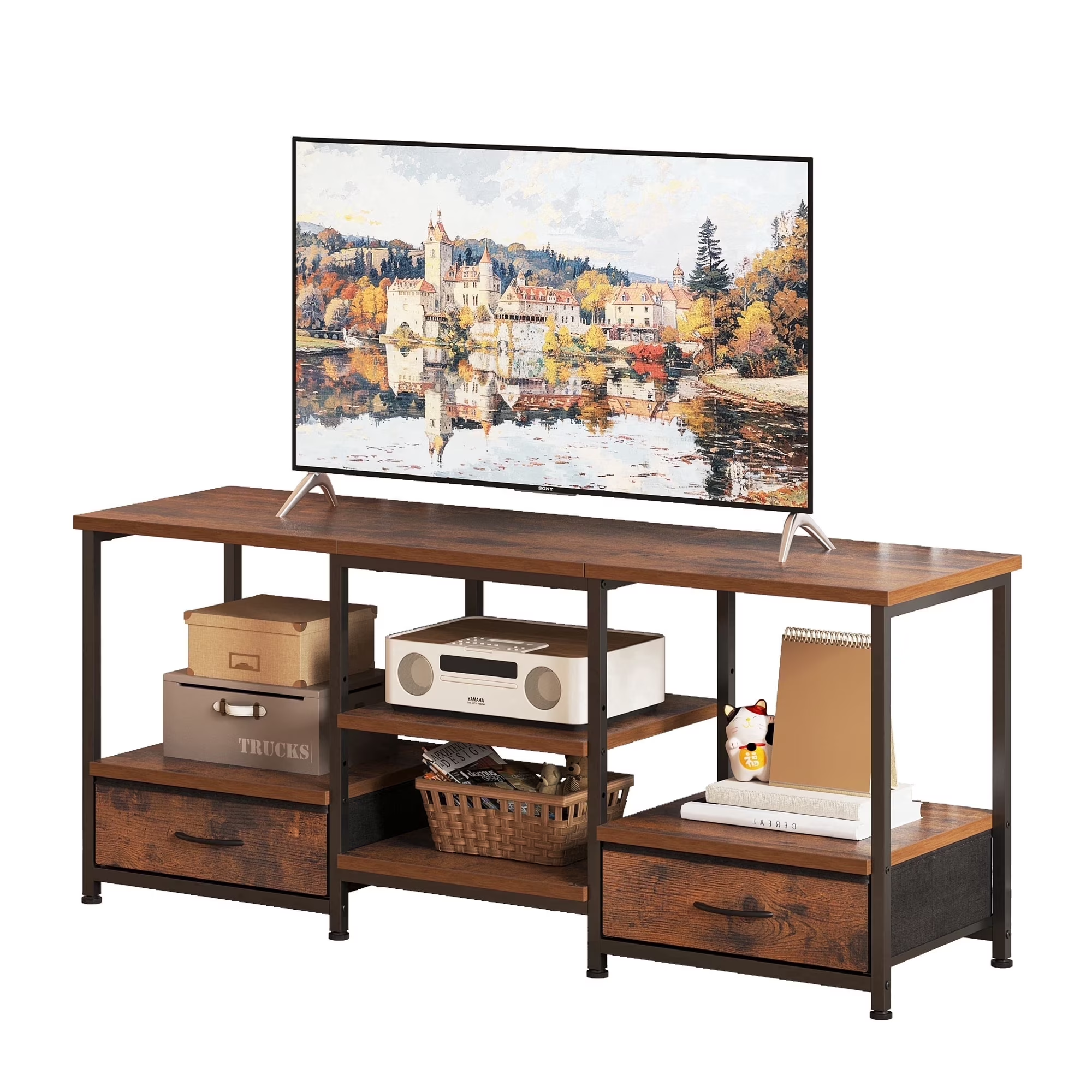 EDX  TV Stand with Power Outlets and LED Light, Double-layer 2 Fabric Drawers , Media Console with Storage for Living Room or Bedroom, Rust