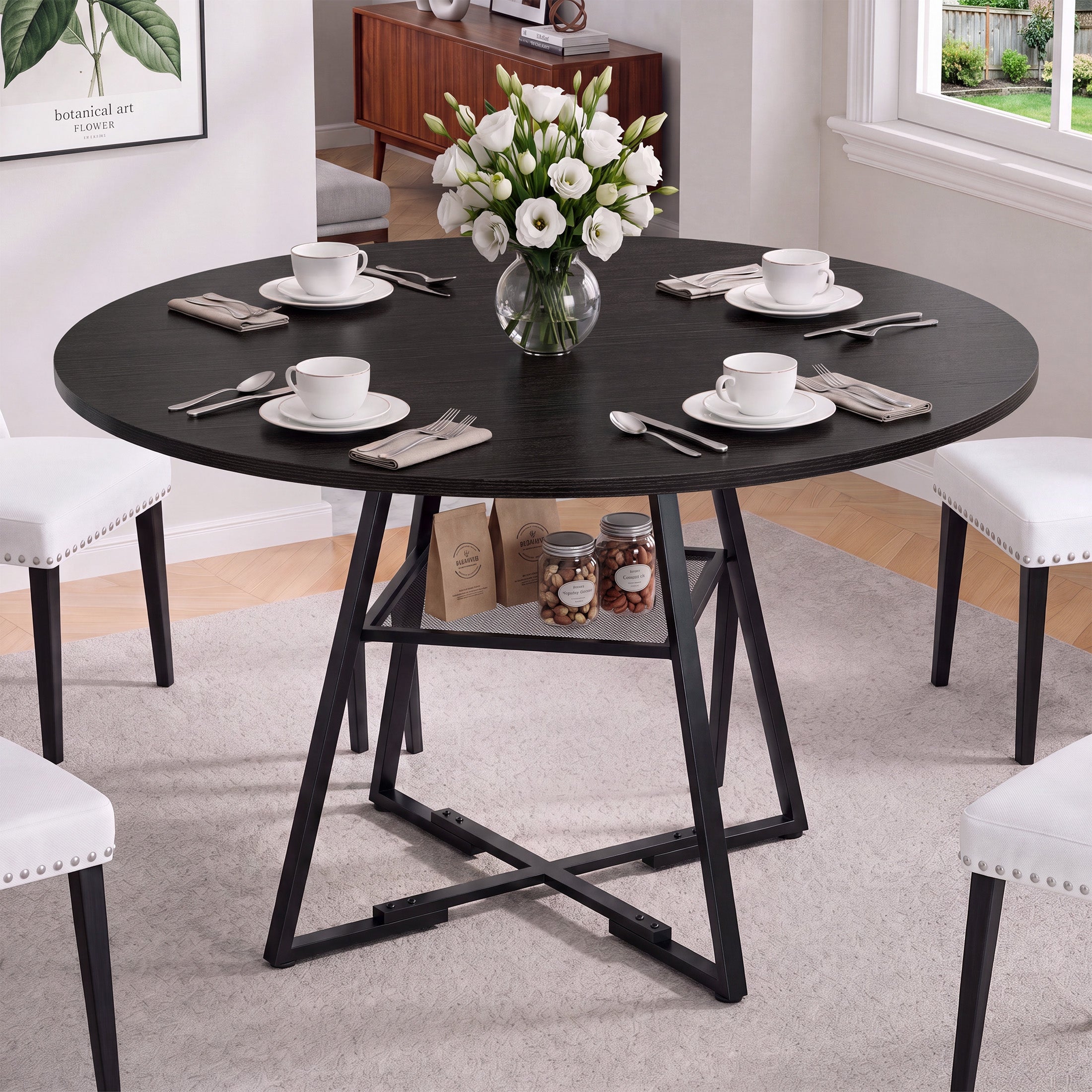 Round Dining Table for 4-6,&nbsp;Circle Kitchen Table with&nbsp;Pedestal Metal Frame Storage, Space Saving Farmhouse Wood Kitchen Table, for Kitchen, Living Room