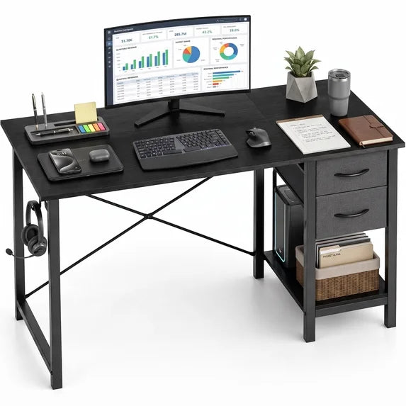 EDX Computer Desk with 2 Drawers PC Table Study Writing Desk with Storage Shelf Headphone Hook, Simple Style Small Desk for Home