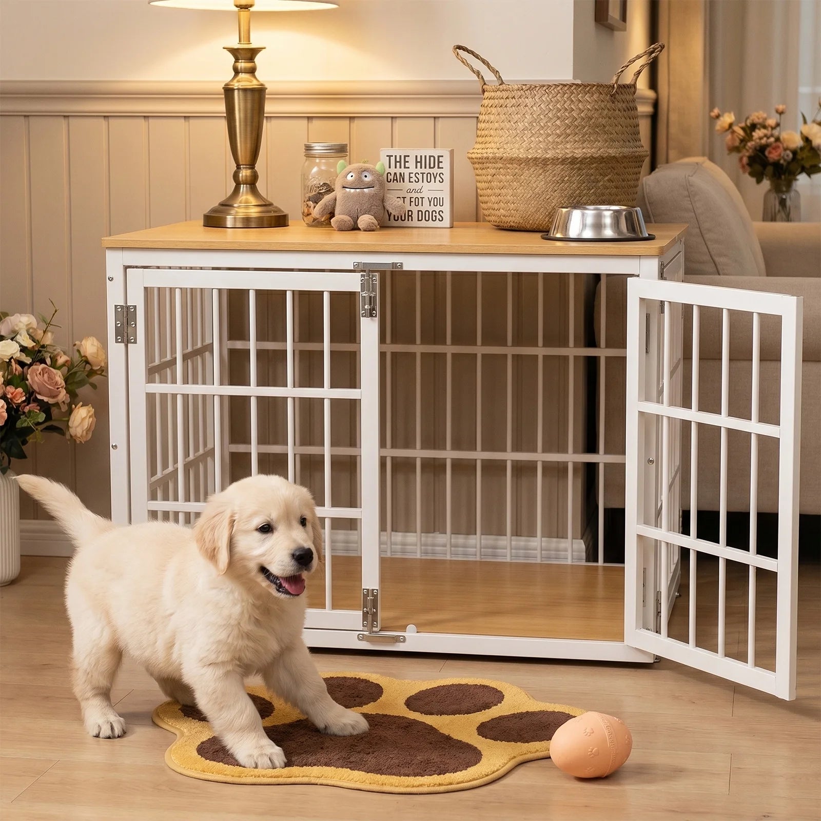 EDX Dog Crate Furniture for Small and Medium Dogs, Wooden Pet Kennel with Double Lock Door, Metal Frame, Indoor Home Decor