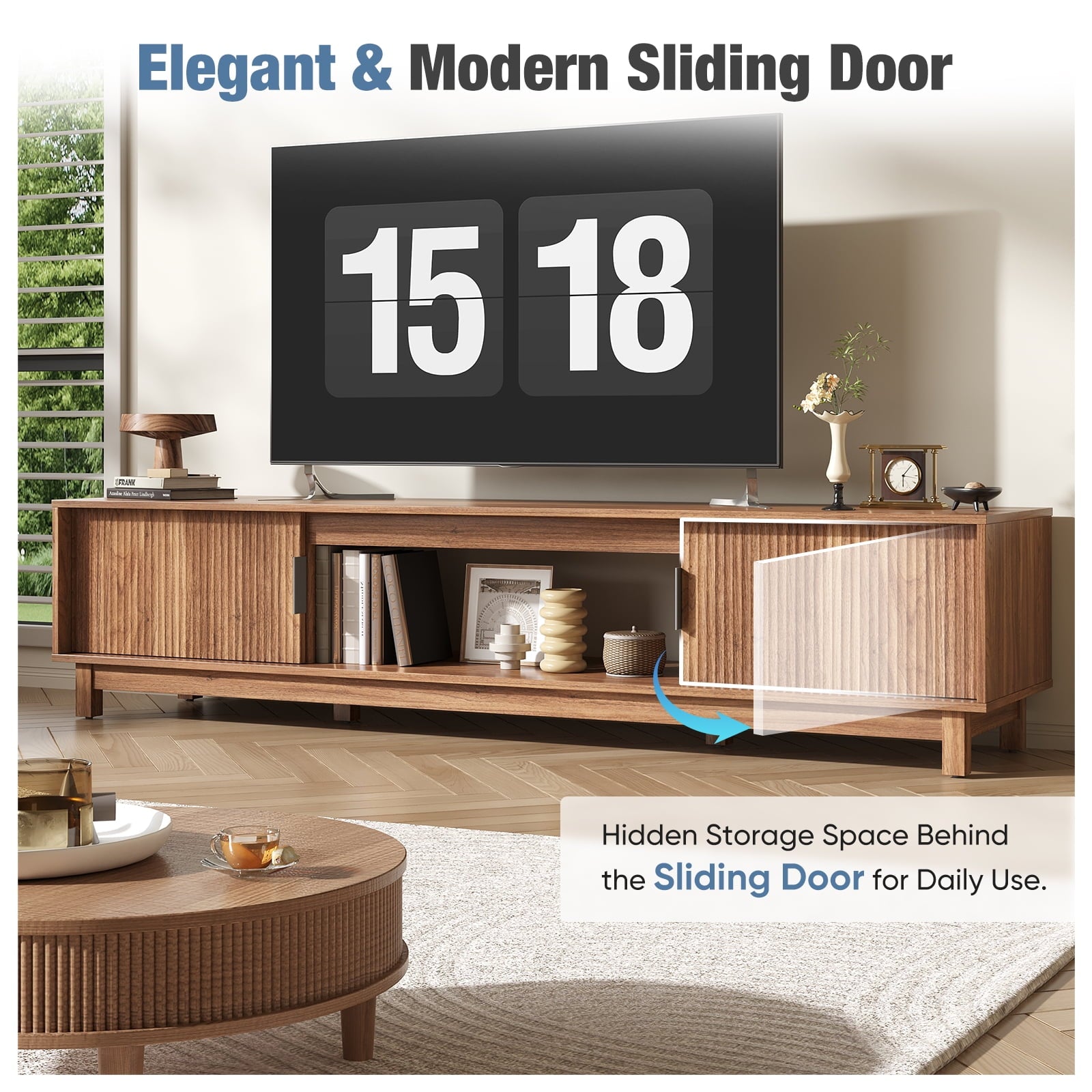 EDX Rattan TV Stand for 70" TV with Cabinets and Shelves