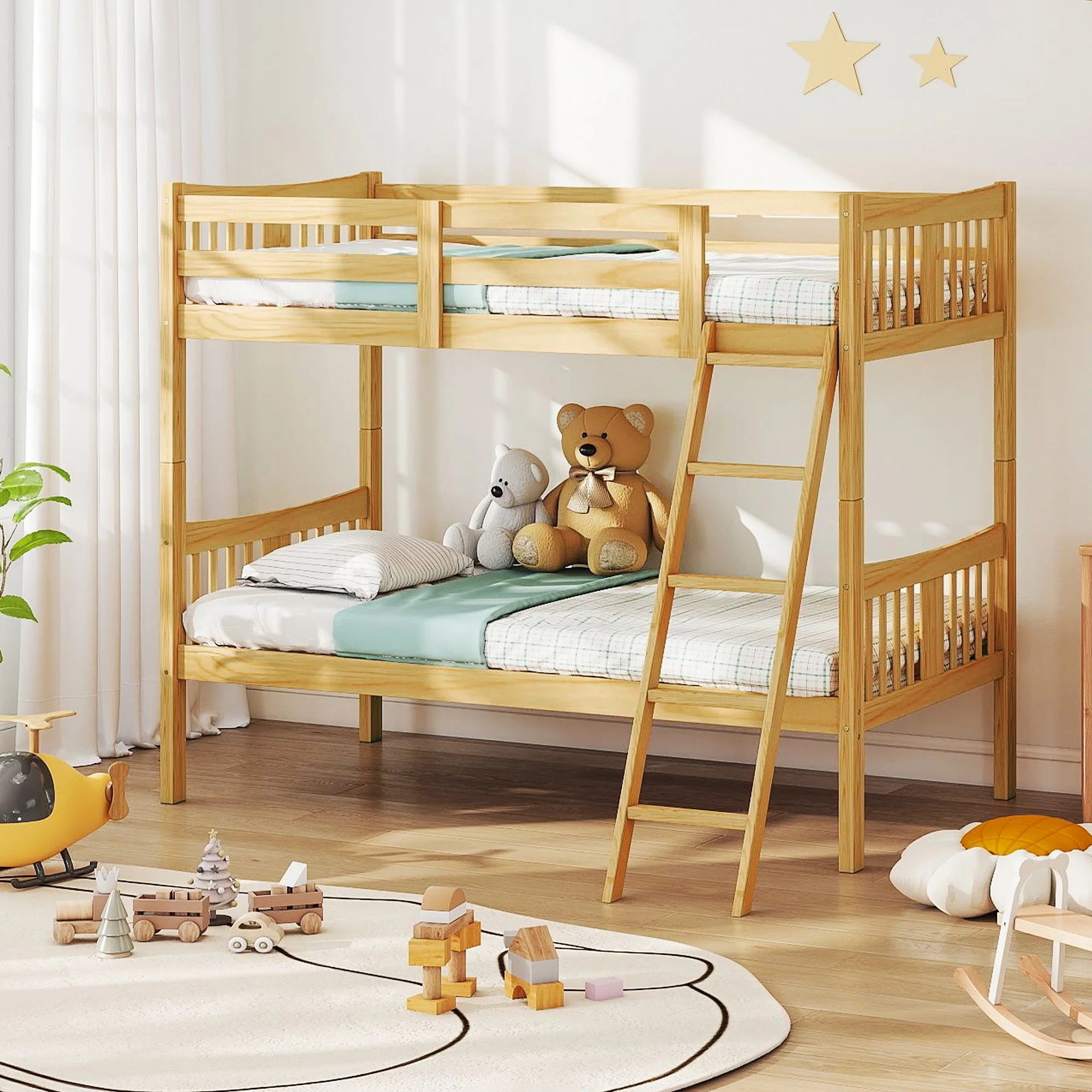 EDX Twin Over Twin Solid Wood Bunk Bed Frame with Integrated Ladder & Guard Rails , Easy Assembly, for Dorm & Bedroom, Wood color