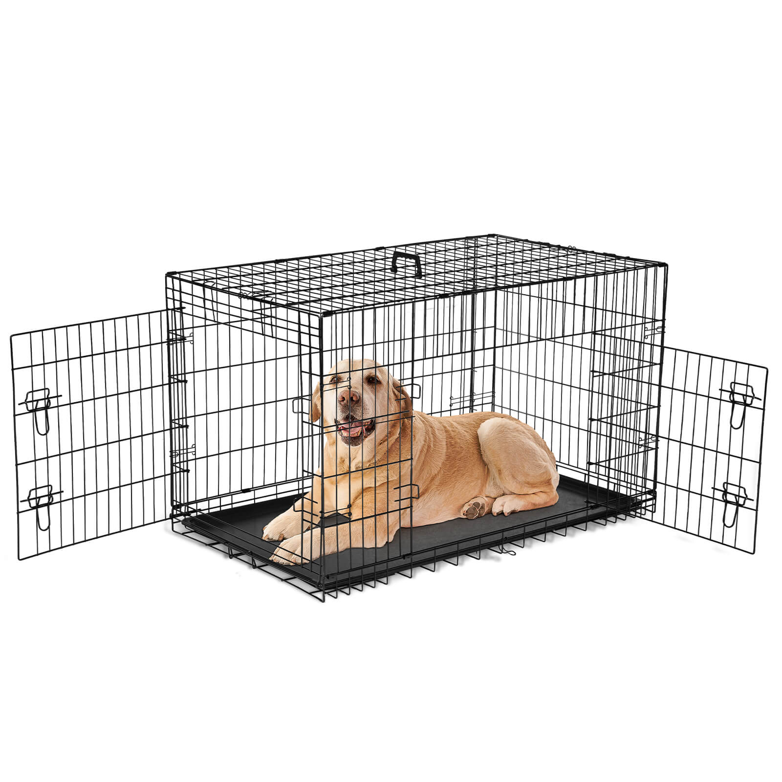 Mayoume Dog Crate-24/30/36/42/48 inch, Double Door Dog Cage with Divider Panel and Plastic Leak-Proof Pan Tray, foldable, easy to carry, suitable for indoor, outdoor, travel use