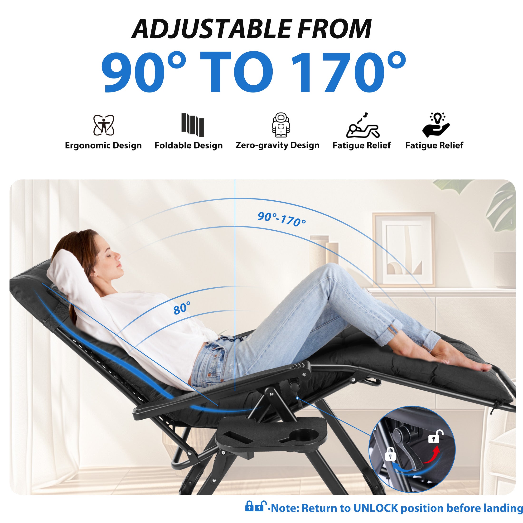 EDX Zero Gravity Chair, Reclining Camping Lounge Chair with Removable Cushion, Headrest and Cup Holder Trays, Folding Patio Recliner for Indoor&Outdoor Use, 440LBS Capacity